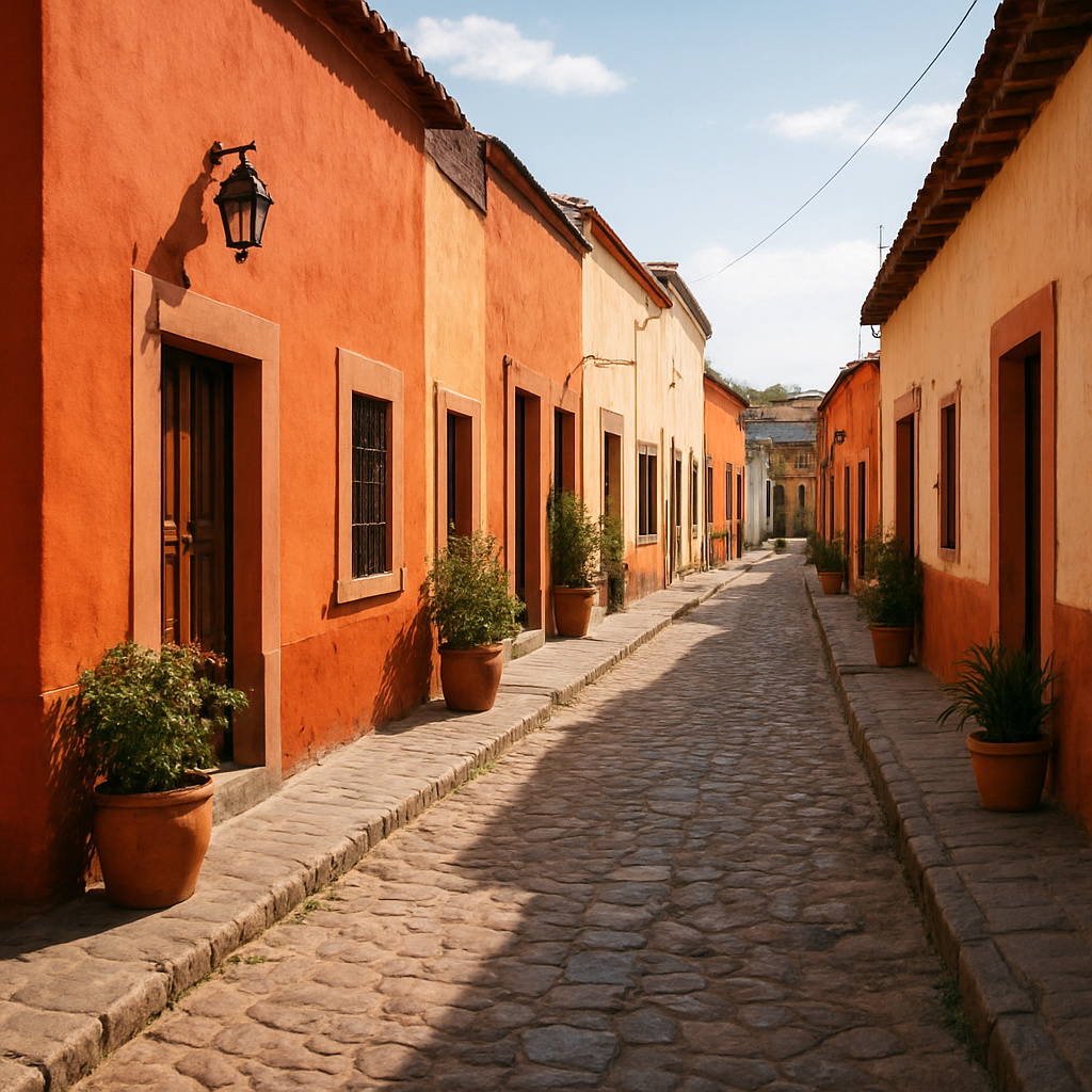Calle empedrada con casas coloniales de colores en Acatzingo, Puebla
