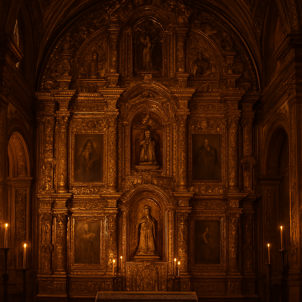 Interior barroco de una iglesia colonial con altar dorado