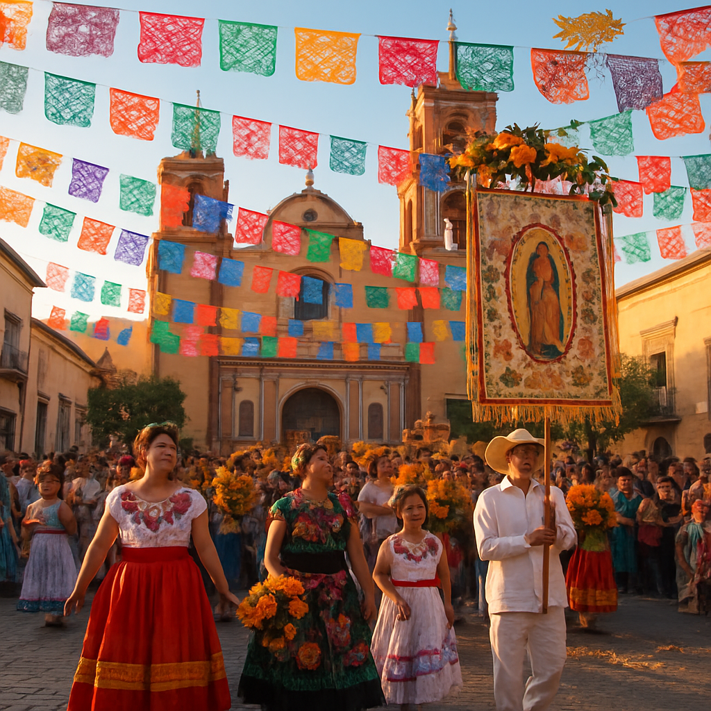 Procesión de fiesta patronal con papel picado y trajes tradicionales