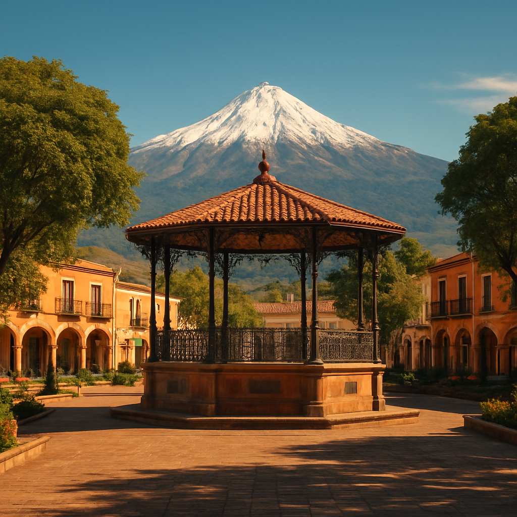 Plaza principal de Acatzingo con el Pico de Orizaba al fondo